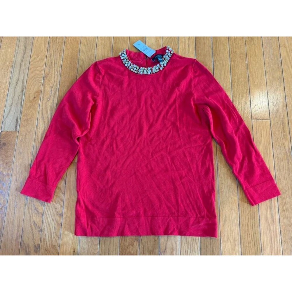 New Ann Taylor red sweater faux-pearl rhinestone embellished collar Sz small